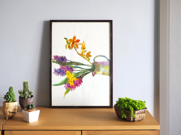 抽象兰花心灵艺术精神水彩画插图设计画在图片相框装饰温暖的家画廊背景图片下载