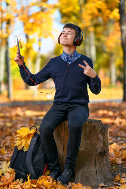 一个十几岁的男孩坐在秋天的公园里，戴着耳机听音乐，阳光明媚的日子里，树上的叶子都泛黄了图片下载