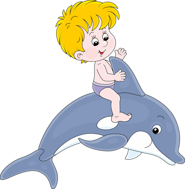 快乐的小男孩骑着快乐顽皮的海豚图片下载