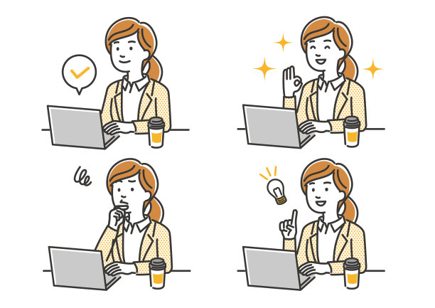 在个人电脑上工作的女人的面部表情模式说明图片下载