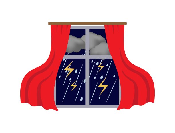 雷暴和窗口在雨季。窗帘被强风吹走了。刮风的天气，下雨，打雷，窗外闪电。雷暴矢量图图片下载