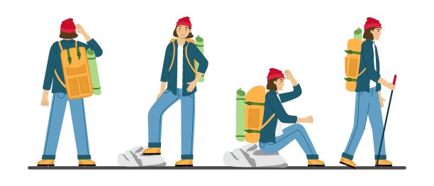 Set man traveler是从事徒步旅行的人，背着背包徒步旅行图片下载