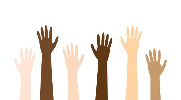 在白人背景下，多种族和多元的双手举起。矢量图图片下载