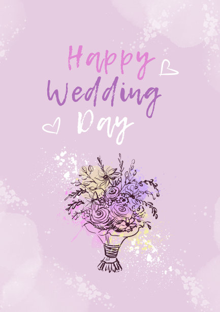 婚礼快乐贺卡在粉红紫罗兰的背景。图片下载