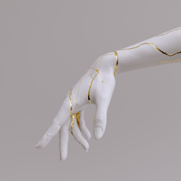 手姿势雕塑与黄金裂缝3d渲染图片下载