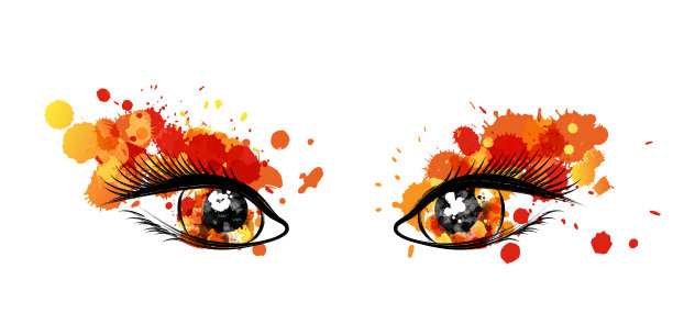 美丽的棕色眼睛与金色油漆飞溅装饰元素。概念矢量插图在艺术风格。图片下载