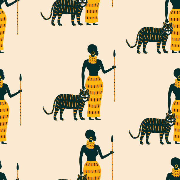 部落非洲妇女在传统的裙子与矛和老虎手绘矢量插图。美丽的黑色女孩与矛和野猫无缝图案的织物或墙纸。图片下载