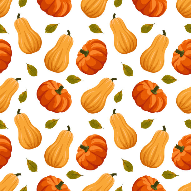 南瓜和南瓜叶无缝图案卡通风格。不同颜色的南瓜。感恩节背景，丰收，万圣节图片下载