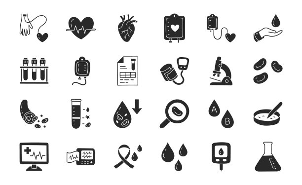 医学血液涂鸦平面插图包括图标-输血，血压计，血糖计，静脉，心脏病学，显微镜，实验室管。关于血液学的字形剪影艺术。黑色图片下载