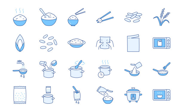 米饭涂鸦插图包括图标-碗，日本食物，筷子，挤压，撕袋，锅，微波炉，滤锅，水锅。细线艺术关于谷物饭烹饪。蓝色，可编辑描边图片下载
