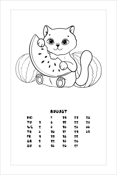 小猫吃西瓜。夏天的糖果。儿童填色书。矢量插图孤立在白色背景上。日历,八月。图片下载