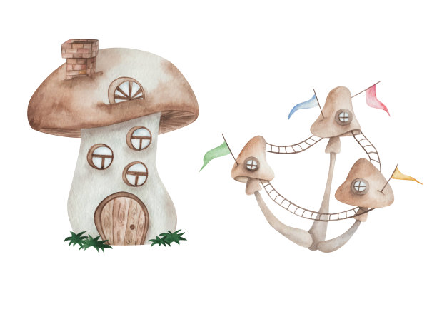 水彩插图手绘棕色蘑菇房子的窗户，门，烟囱，草，梯子，旗帜。食用香草村舍。真菌的小屋。孤立的森林剪接艺术纺织品，贴纸图片下载