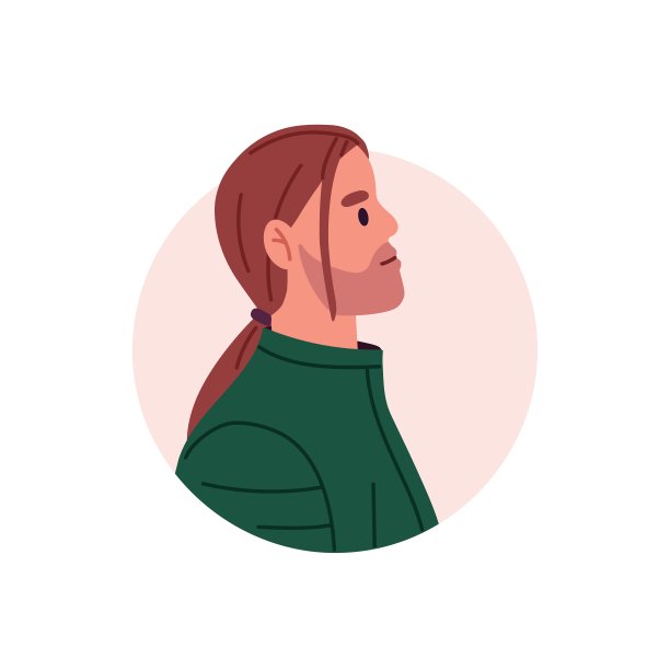 男人的脸概要文件。盖伊头像在圆圈里。男性特征:长发、马尾和胡茬。现代人的肖像，侧视图。平面矢量插图孤立在白色背景上图片下载