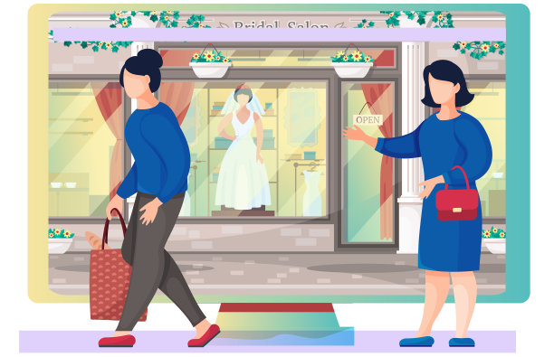 婚纱店，女人新娘。一个女孩走在新娘沙龙店附近的街上图片下载