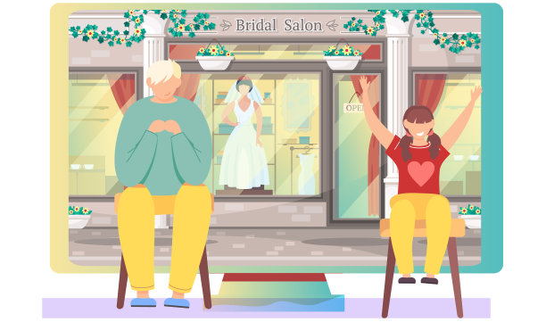 十几岁的男孩和女孩坐在大显示器附近与新娘沙龙店面，玩婚礼游戏图片下载