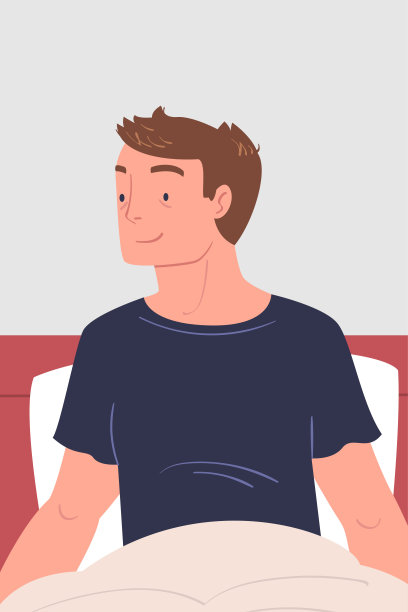 男人角色醒来感觉快乐坐在床上准备起床在早上矢量插图图片下载