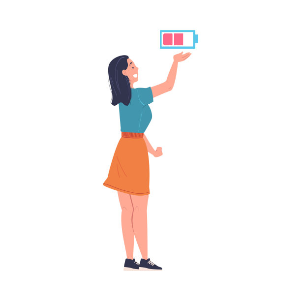 女性角色与充电电池工作具有能量向量插图图片下载