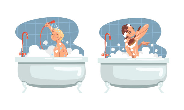 年轻的男性和女性在浴缸洗澡洗头和身体与洗发水矢量插图设置图片下载