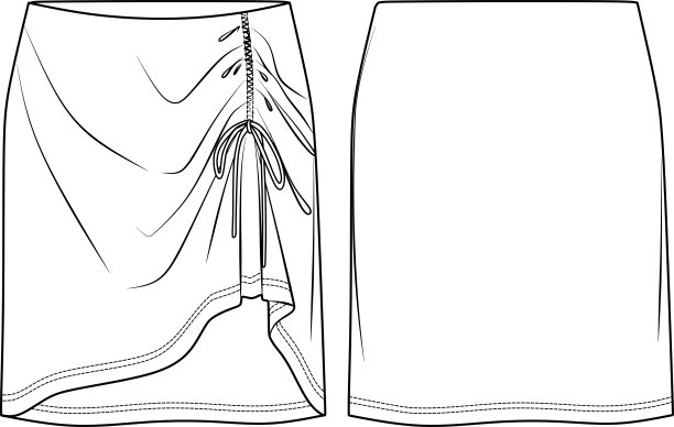 矢量迷你裙与聚集的细节时尚CAD，女性针织衫或梭织裙与蝴蝶结技术图纸，平，素描，模拟，模板。前后视图，白色图片下载