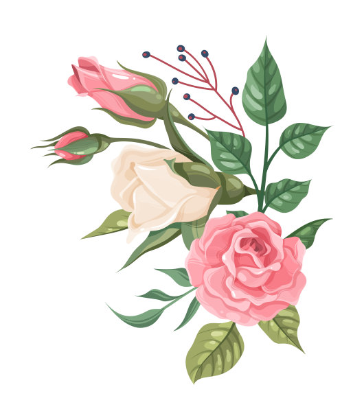 浪漫的婚礼花。粉红色和白色的玫瑰在绿色的树枝上图片下载