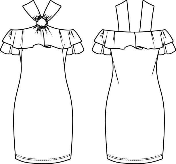 矢量女子夏季连衣裙时尚CAD，连衣裙宽肩带技术图纸，模板，平，素描。针织或梭织服装，正面，背面，白色图片下载
