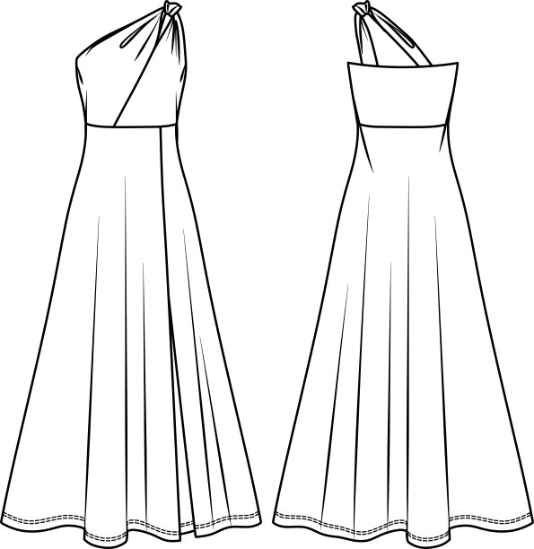 矢量长裙技术图纸，单肩女装开叉在前面时尚CAD，草图，模板，平。针织或梭织面料的特殊场合服装，有正反两面，白色图片下载
