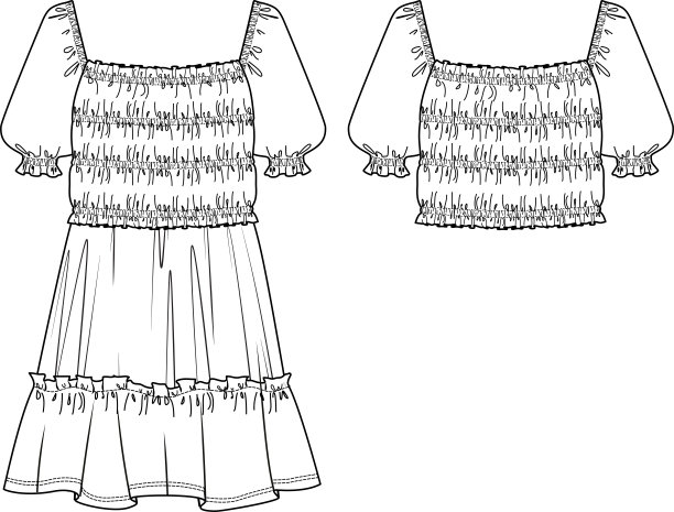 矢量短袖连衣裙时尚CAD，女人方领迷你裙吸烟细节技术图纸，模板，平，草图。针织或梭织服装，正面，背面，白色图片下载