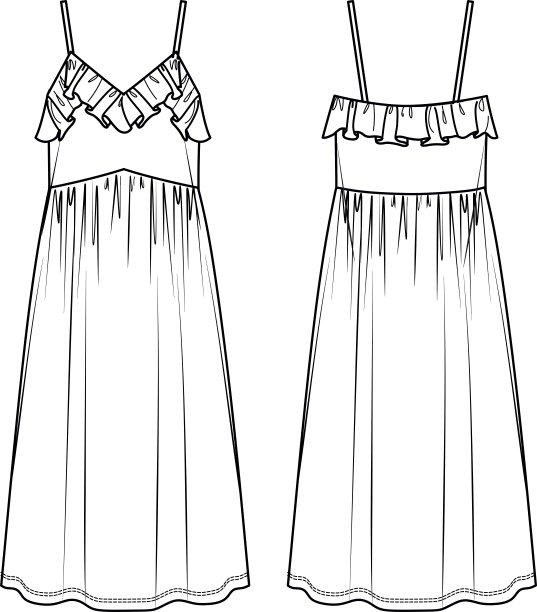 矢量夏季中长裙时尚CAD，女人长连衣裙肩带和褶边细节技术图纸，模板，平面，草图。针织或梭织服装，正面，背面，白色图片下载