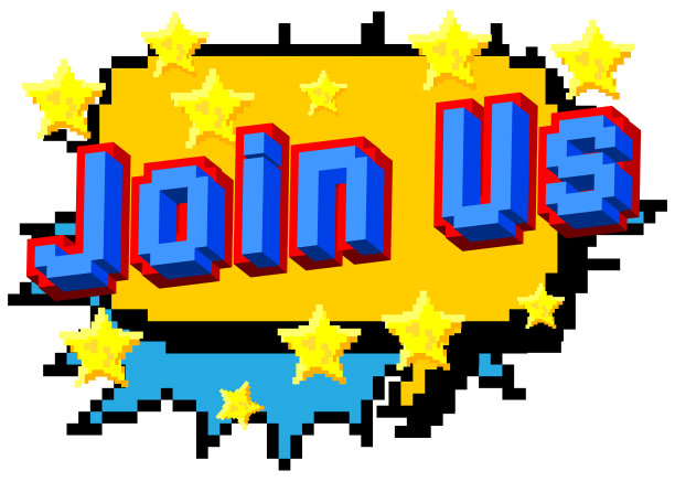 加入我们的行列。像素字与几何图形背景。向量卡通插图。图片下载