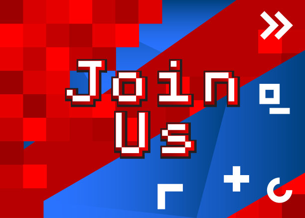 加入我们的行列。像素字与几何图形背景。向量卡通插图。图片下载