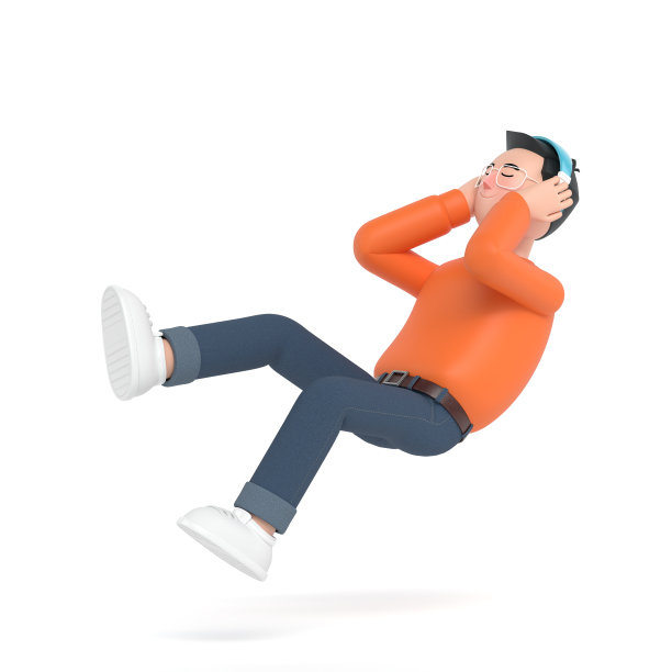 男人们戴着耳机听音乐，舒服而快乐。3 d渲染。图片下载