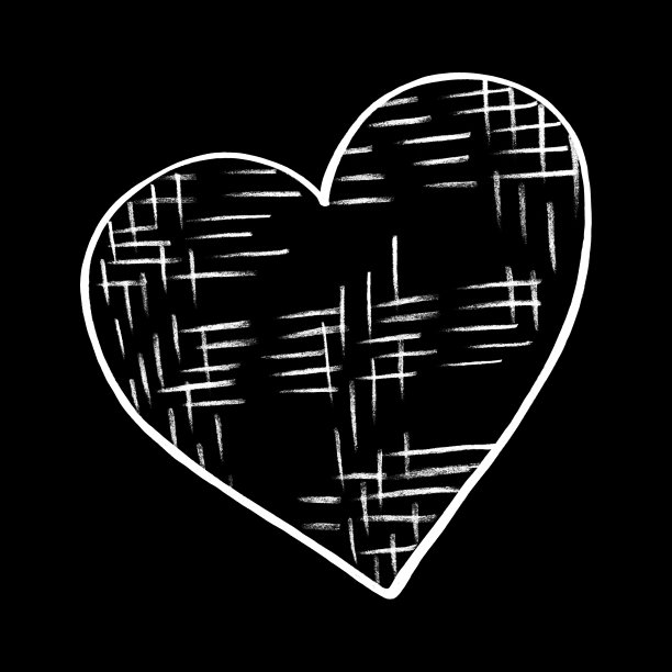 用彩色铅笔画的白色心。心脏形状孤立在黑色背景。图片下载
