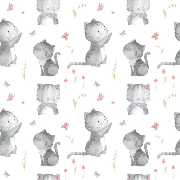 猫水彩无缝图案插图的孩子图片下载