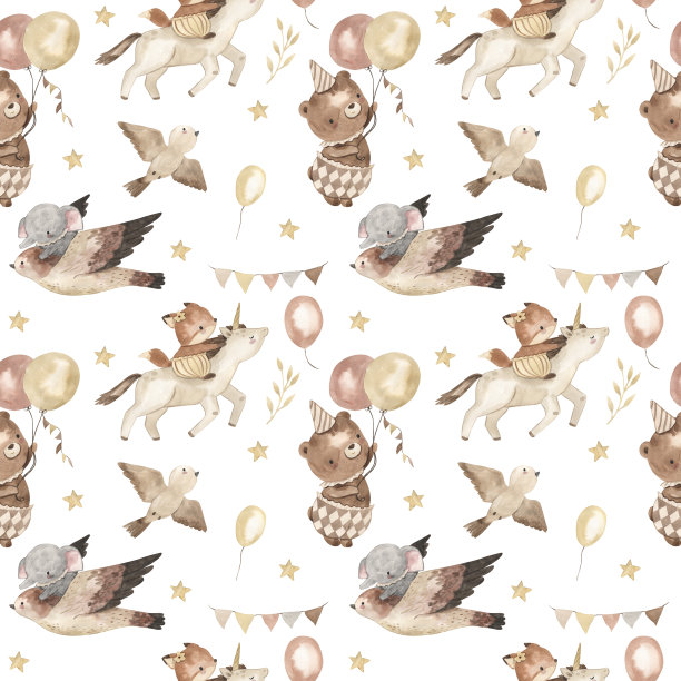 鸟，大象，独角兽水彩无缝图案插图的孩子图片下载