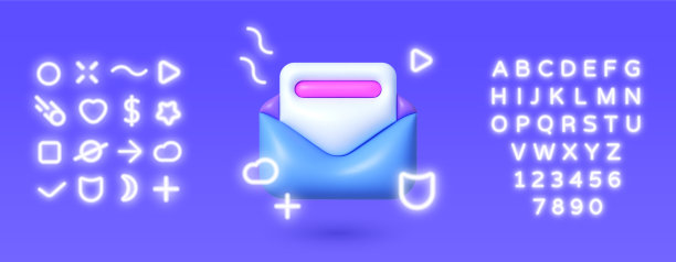 蓝色背景上的3D霓虹电子邮件图片下载