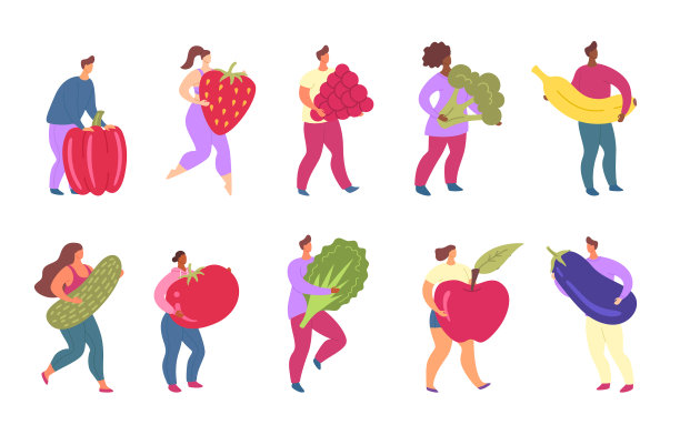 卡通色彩的人物，人们拿着食物水果图片下载