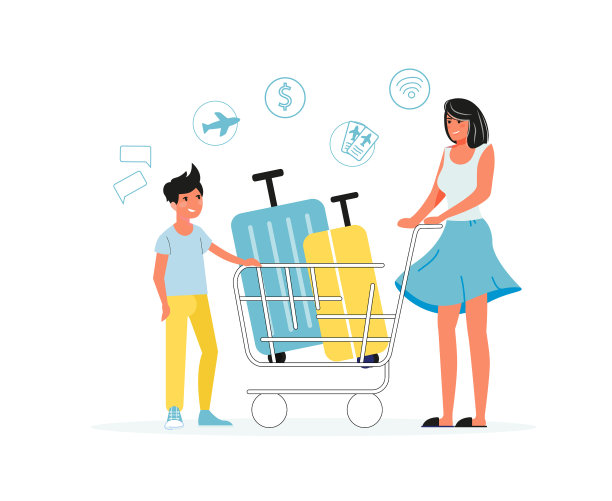 母亲带着儿子旅行，把行李放在手推车里图片下载