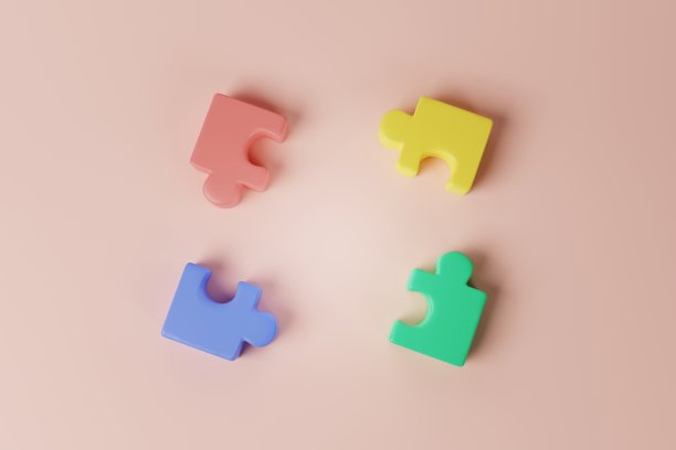 彩色拼图方块模型在粉红色的背景。团队合作，企业群体理念。三维渲染图片下载