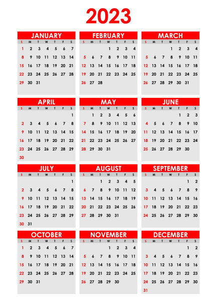 日历2023年模型。年度垂直模板。周日的第一天。经典的简约设计。黑色和红色风格在白色背景。图片下载