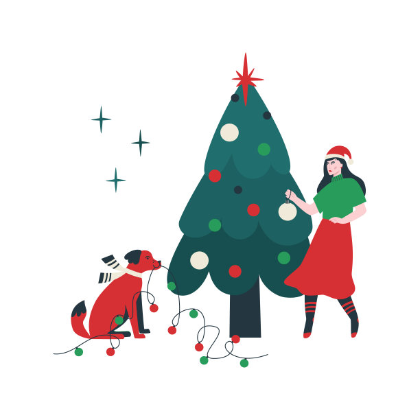 一个女人和一只狗在装饰圣诞树图片下载