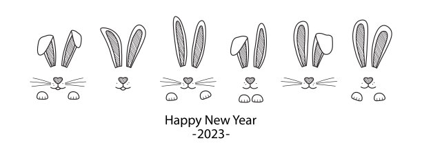 圣诞兔矢量线图标，新年脸兔。圣诞耳朵和嘴巴，还有胡须，爪子。手绘元素。动物插图图片下载