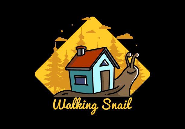 行走的蜗牛和房子的插画设计图片下载