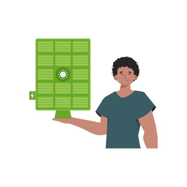 这家伙手里拿着一块太阳能板。绿色能源的概念。孤立。向量。时尚的风格。图片下载