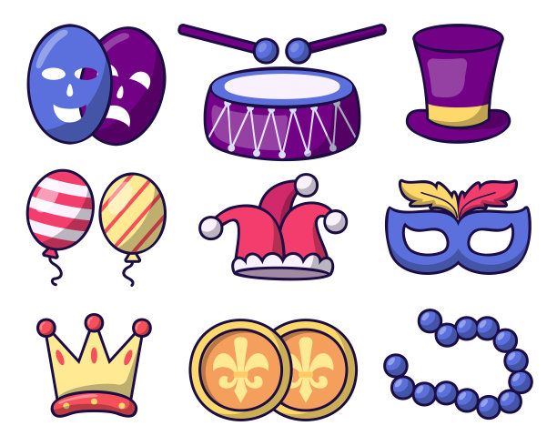 矢量排版插图的Mardi Gras美紫色和多色的节日旗帜，五彩纸屑，鼓和更多。节日贺卡图片下载