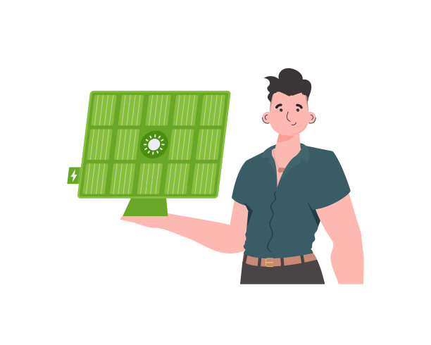这家伙手里拿着一块太阳能板。生态能源的概念。孤立。时尚的风格。矢量插图。图片下载