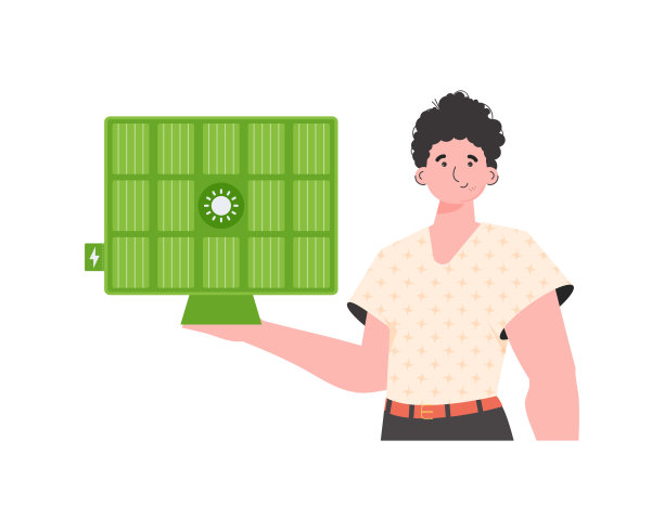 这家伙手里拿着一块太阳能板。生态能源的概念。孤立在白色背景。向量。时尚的风格。图片下载