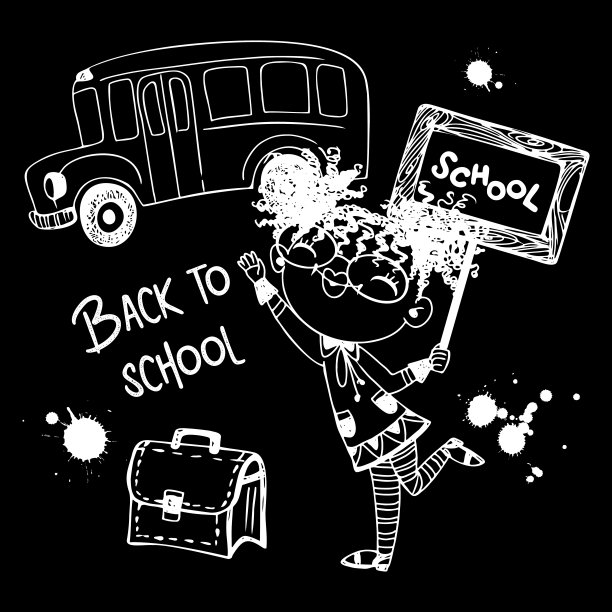 一个漂亮的女孩带着公文包去上学。回到学校。校车。用粉笔在黑板上画画。向量图片下载