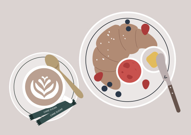 一种早餐概念，俯视卡布奇诺和牛角面包配上新鲜浆果、黄油和果酱图片下载