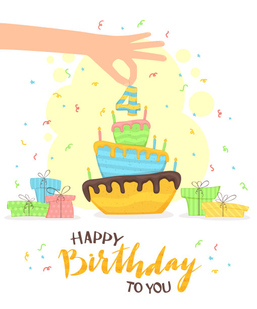 手放在4号的生日蛋糕上图片下载