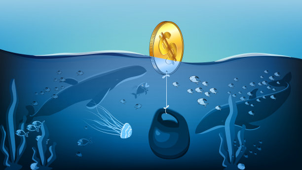金币美元和海洋生物在海洋中被沉重的壶铃拉到海底。隐喻意义上正在下沉的美元以其最后的力量维持着。图片下载